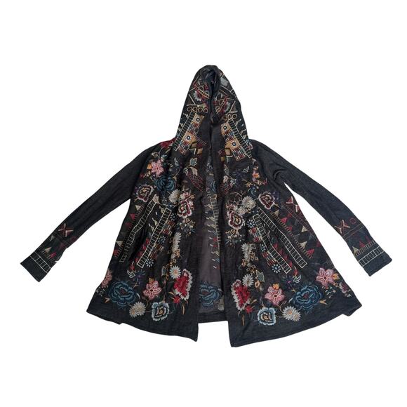 Johnny Was Biya Flower Embroidered Hooded Cardigan Charcoal Grey - Picture 1 of 15